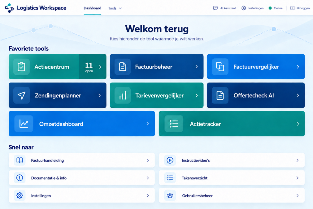 Logistics Workspace-dashboard met verschillende bedrijfsapplicaties en snelkoppelingen