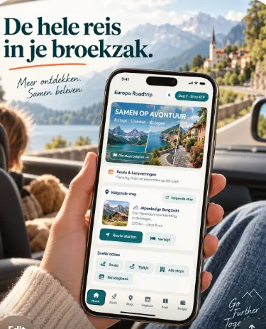 Europa Roadtrip-app met route, volgende stop en reisacties